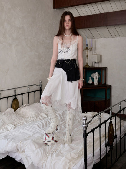 Heavy Satin Letter Print Paneled Lace Suspender Midi V-Neck Sexy Dress【s0000014238】
