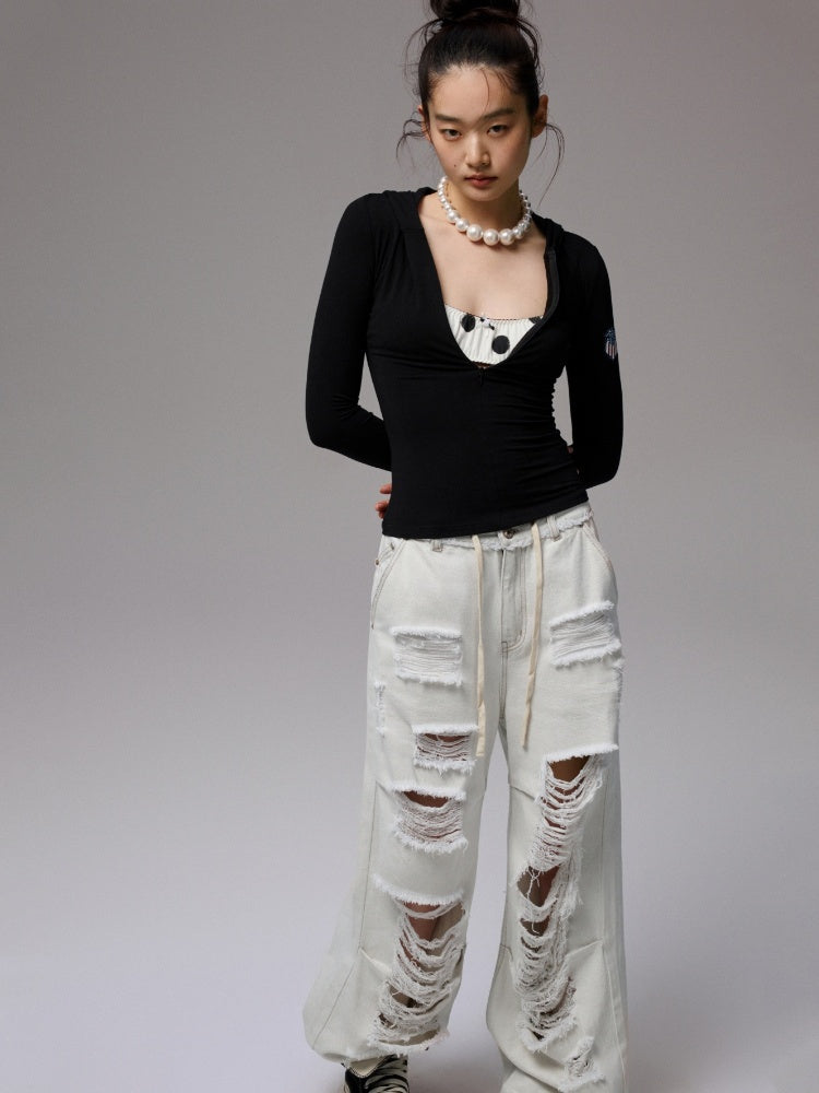 Hooded Chest Zipper Skinny Long Sleeve T-Shirt【s0000014239】