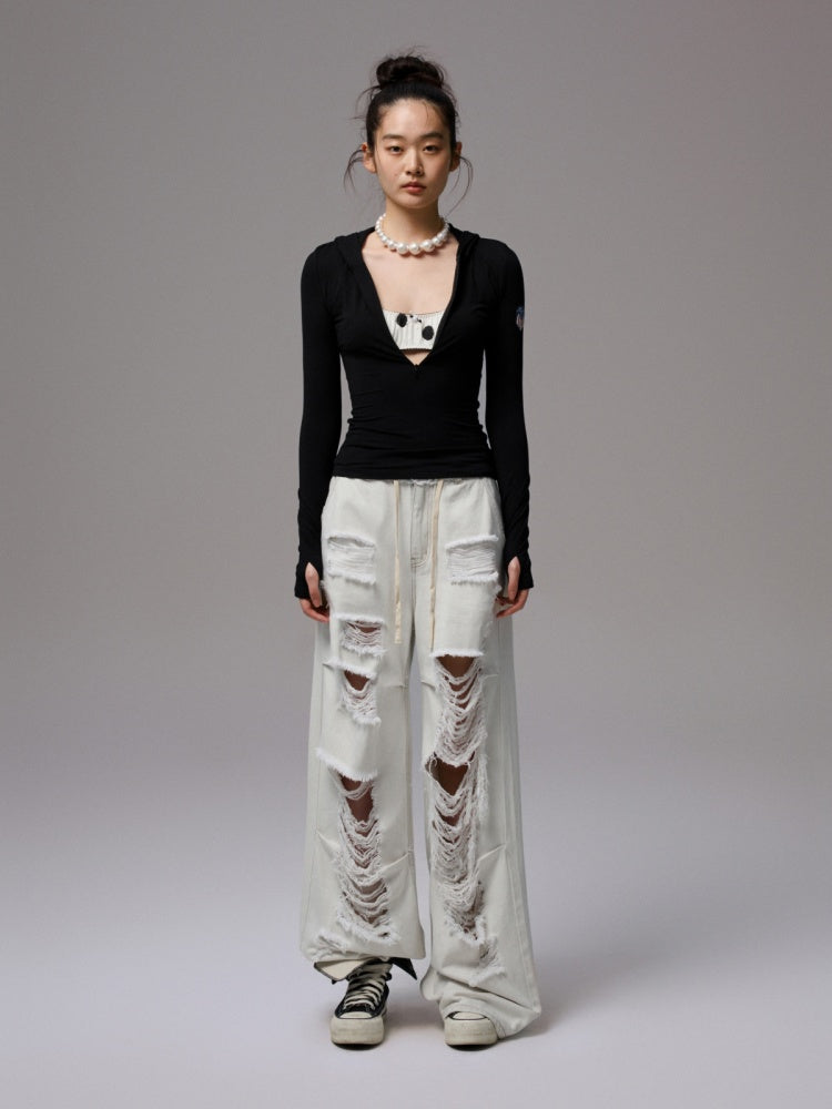 Hooded Chest Zipper Skinny Long Sleeve T-Shirt【s0000014239】