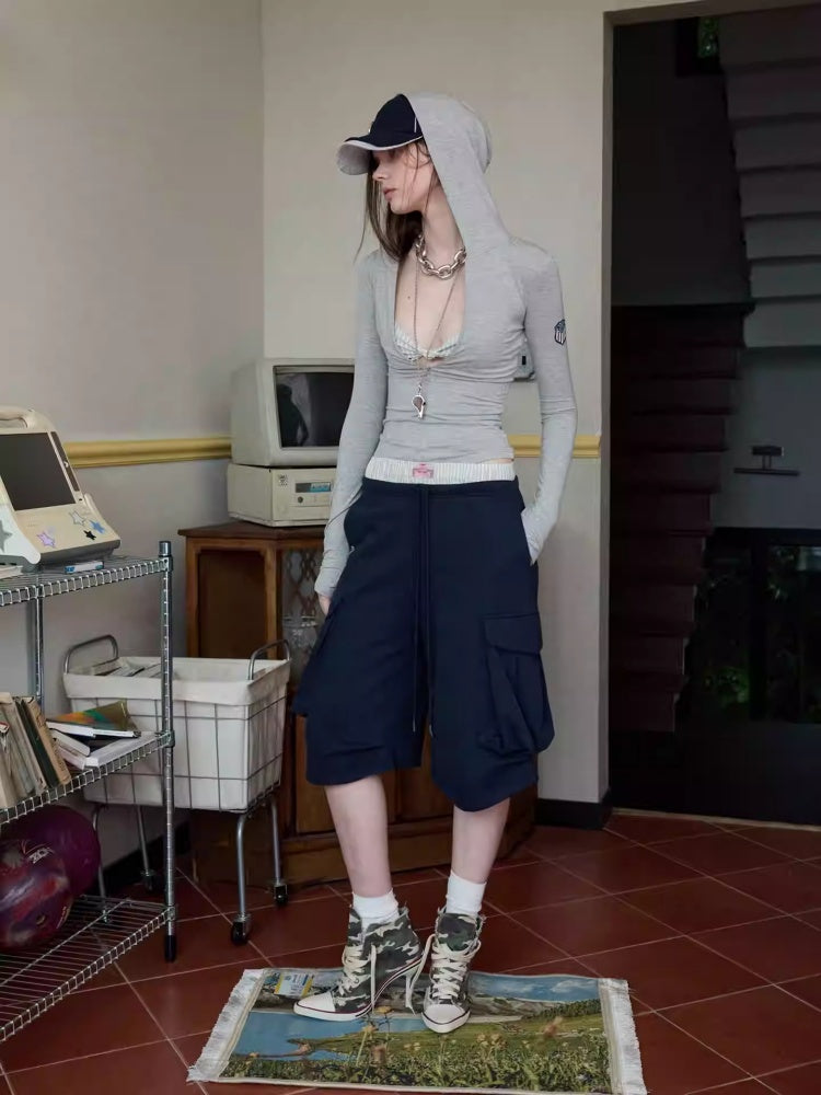 Hooded Chest Zipper Skinny Long Sleeve T-Shirt【s0000014239】