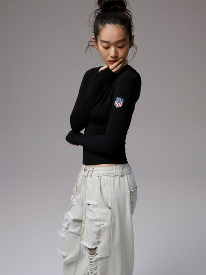 Hooded Chest Zipper Skinny Long Sleeve T-Shirt【s0000014239】