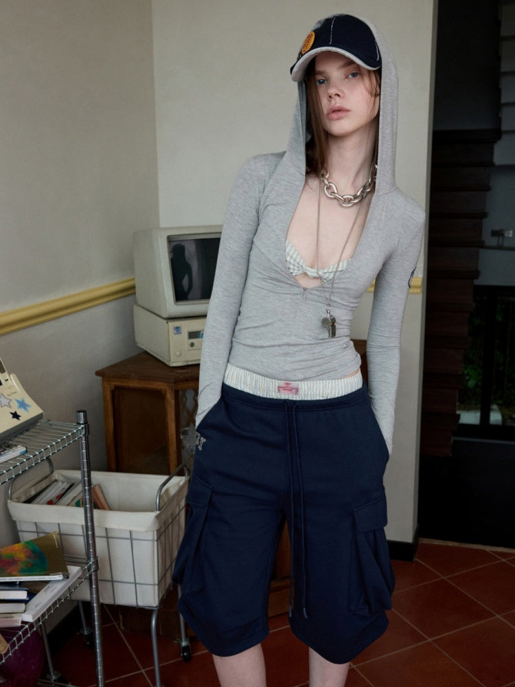 Hooded Chest Zipper Skinny Long Sleeve T-Shirt【s0000014239】