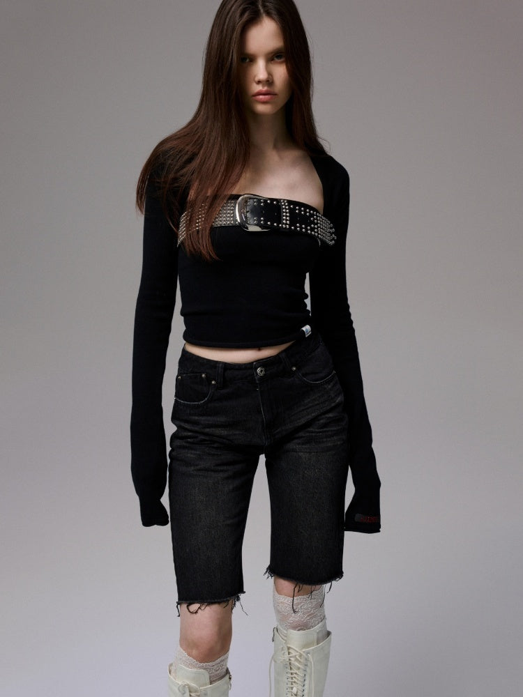 American Washed Raw Edge Mid Multi-Layered Distressed Embroidered Straight-Leg Denim Pants【s0000014240】