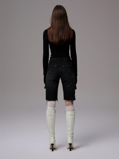 American Washed Raw Edge Mid Multi-Layered Distressed Embroidered Straight-Leg Denim Pants【s0000014240】