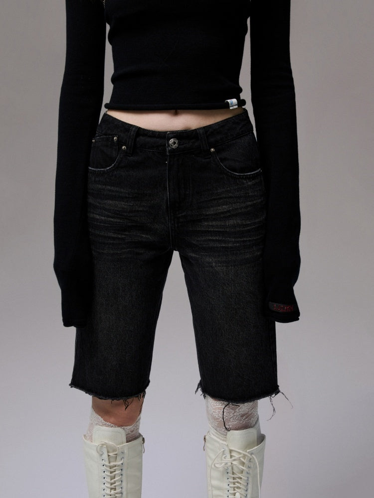 American Washed Raw Edge Mid Multi-Layered Distressed Embroidered Straight-Leg Denim Pants【s0000014240】