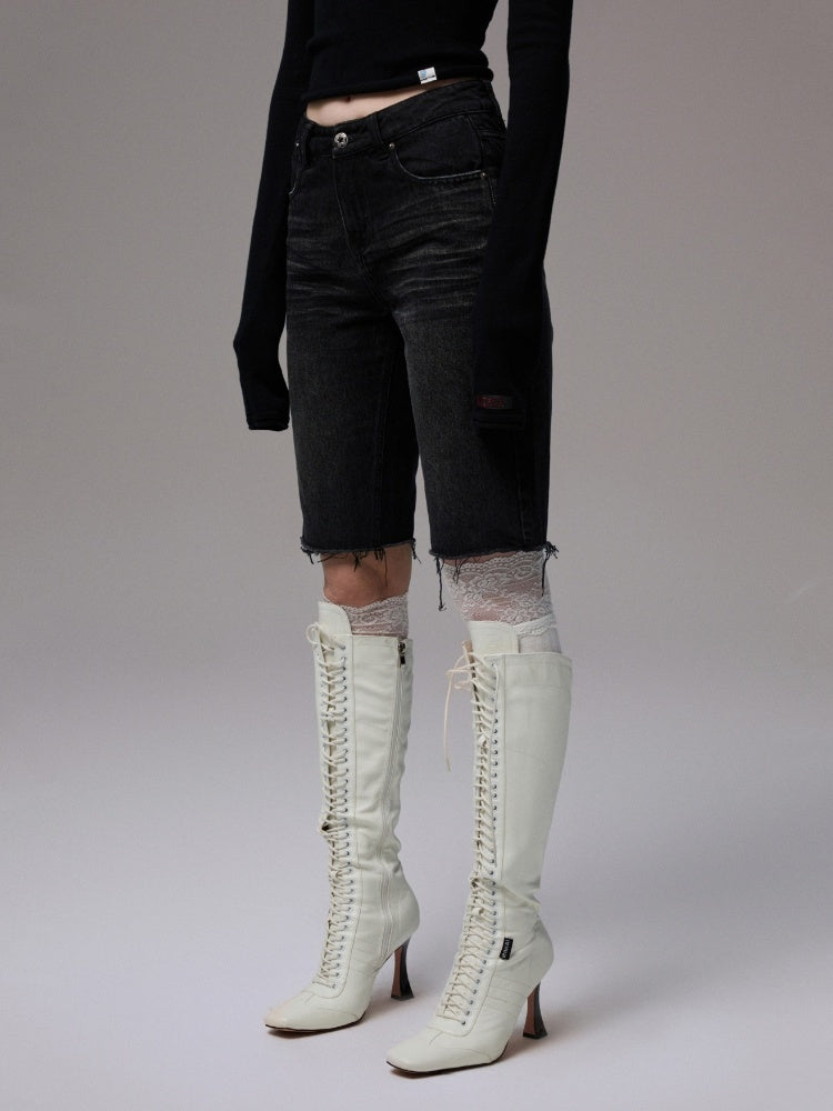 American Washed Raw Edge Mid Multi-Layered Distressed Embroidered Straight-Leg Denim Pants【s0000014240】