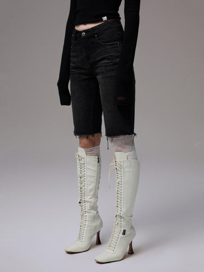 American Washed Raw Edge Mid Multi-Layered Distressed Embroidered Straight-Leg Denim Pants【s0000014240】