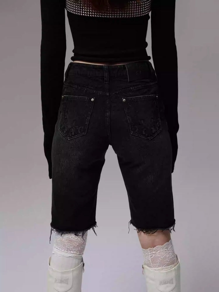 American Washed Raw Edge Mid Multi-Layered Distressed Embroidered Straight-Leg Denim Pants【s0000014240】