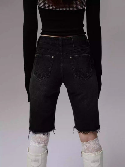 American Washed Raw Edge Mid Multi-Layered Distressed Embroidered Straight-Leg Denim Pants【s0000014240】