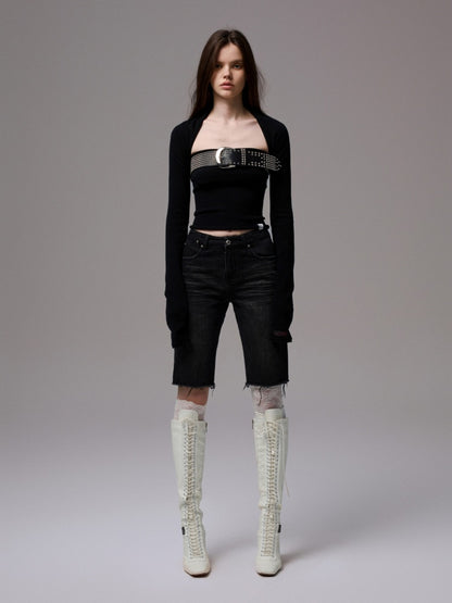 American Washed Raw Edge Mid Multi-Layered Distressed Embroidered Straight-Leg Denim Pants【s0000014240】