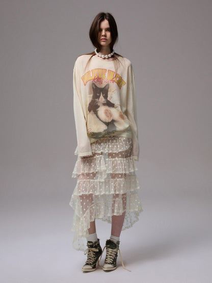 Sweet Polka Dot Lace Mesh Irregular Patchwork Puffy Cake Skirt【s0000014241】