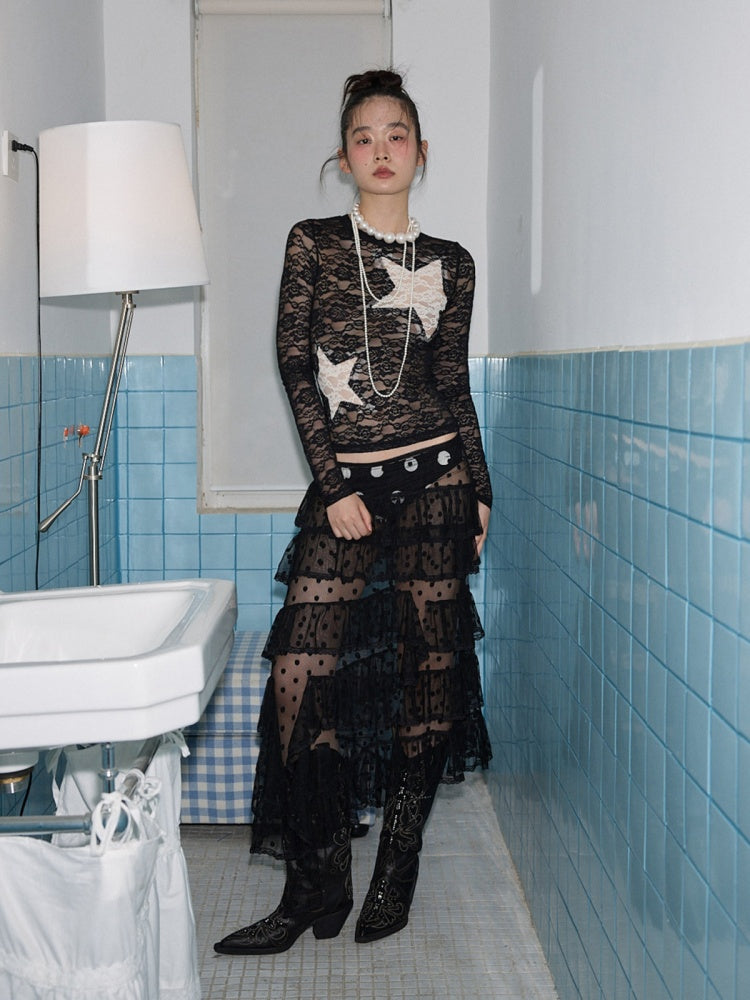 Sweet Polka Dot Lace Mesh Irregular Patchwork Puffy Cake Skirt【s0000014241】