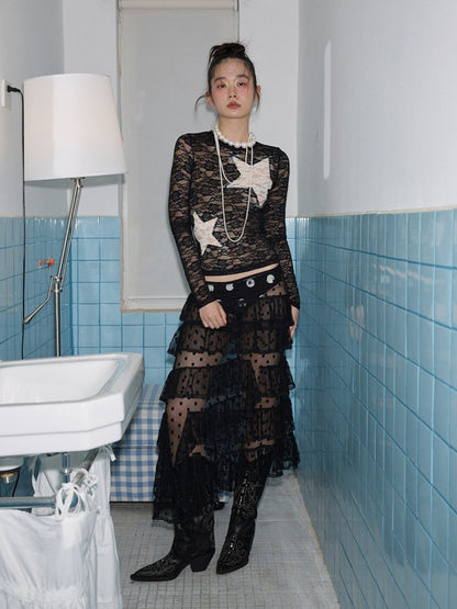 Sweet Polka Dot Lace Mesh Irregular Patchwork Puffy Cake Skirt【s0000014241】