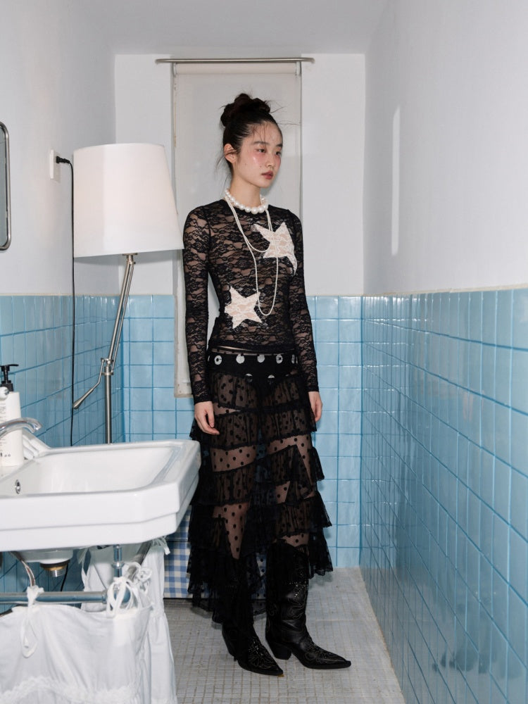 Sweet Polka Dot Lace Mesh Irregular Patchwork Puffy Cake Skirt【s0000014241】