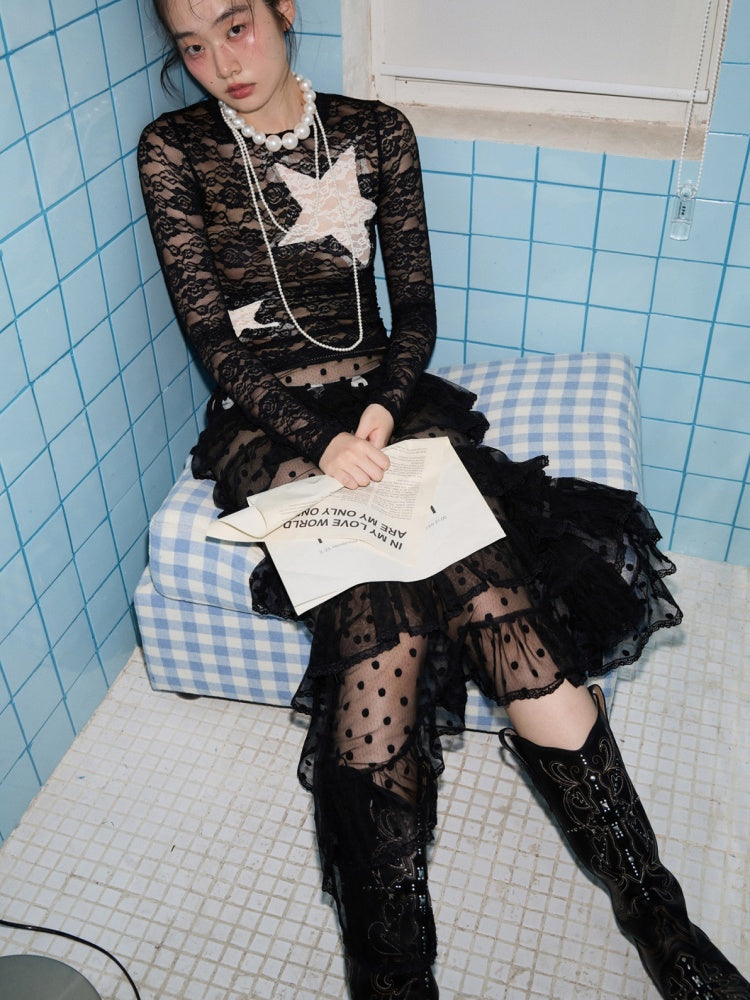 Sweet Polka Dot Lace Mesh Irregular Patchwork Puffy Cake Skirt【s0000014241】