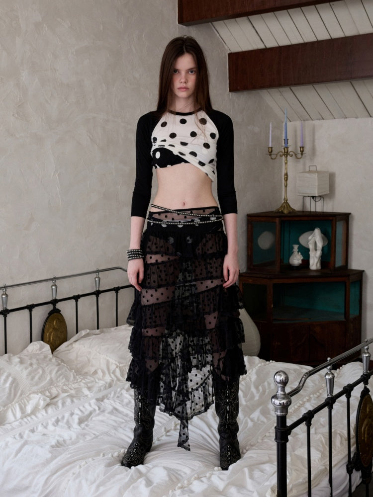 Sweet Polka Dot Lace Mesh Irregular Patchwork Puffy Cake Skirt【s0000014241】