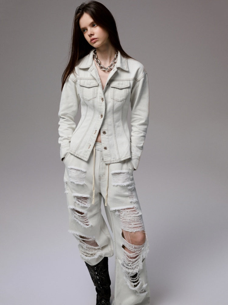 Distressed Design Waist Slimming Heavy Work Wide Shoulder Vintage Denim Jacket 【s0000014243】