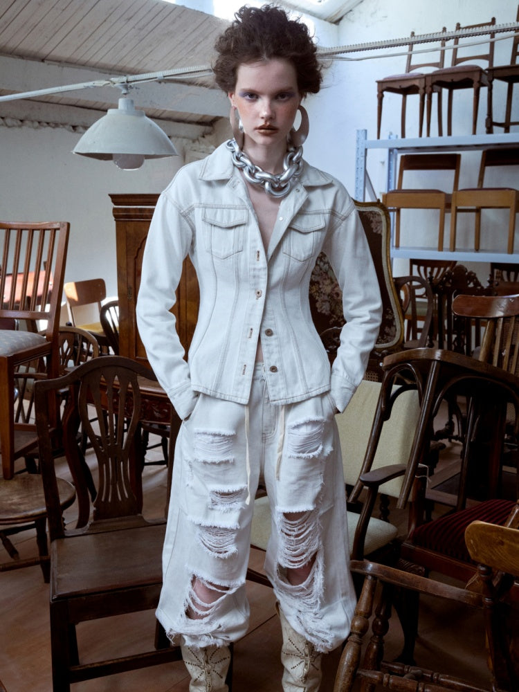 Distressed Design Waist Slimming Heavy Work Wide Shoulder Vintage Denim Jacket 【s0000014243】