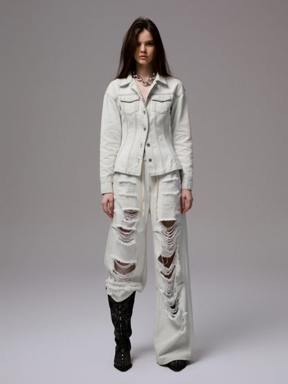 Distressed Design Waist Slimming Heavy Work Wide Shoulder Vintage Denim Jacket 【s0000014243】