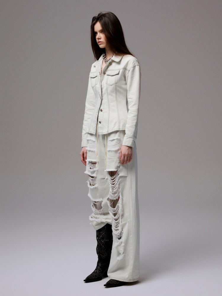 Distressed Design Waist Slimming Heavy Work Wide Shoulder Vintage Denim Jacket 【s0000014243】