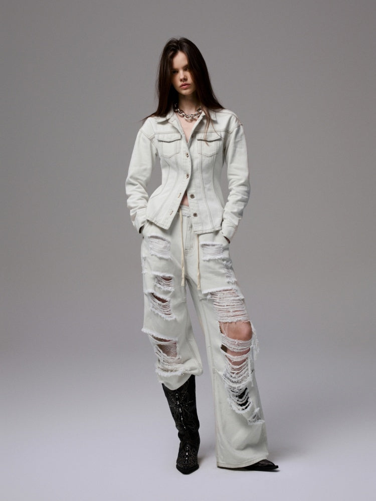 Distressed Design Waist Slimming Heavy Work Wide Shoulder Vintage Denim Jacket 【s0000014243】