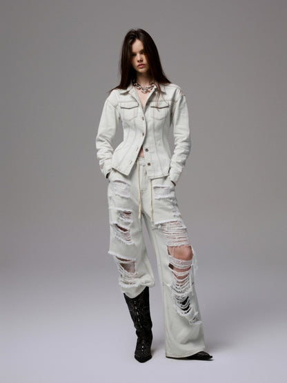 Distressed Design Waist Slimming Heavy Work Wide Shoulder Vintage Denim Jacket 【s0000014243】