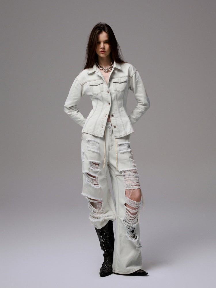 Distressed Design Waist Slimming Heavy Work Wide Shoulder Vintage Denim Jacket 【s0000014243】