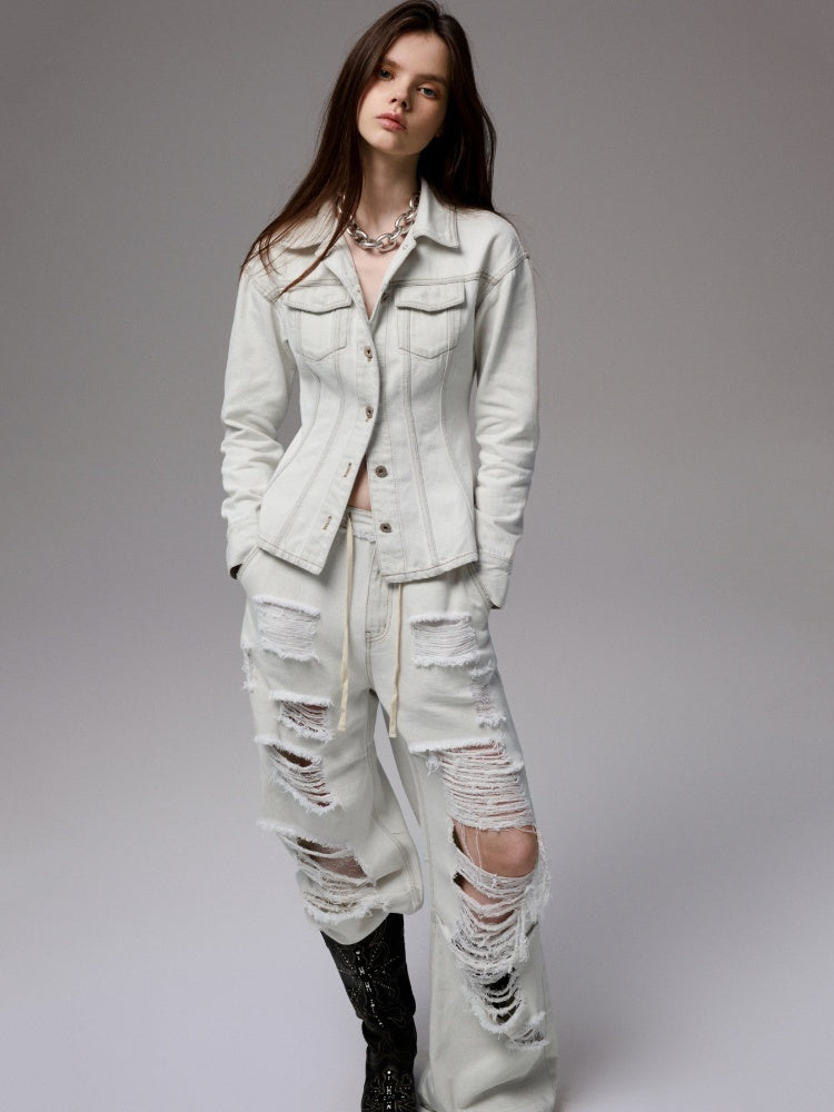 Distressed Design Waist Slimming Heavy Work Wide Shoulder Vintage Denim Jacket 【s0000014243】