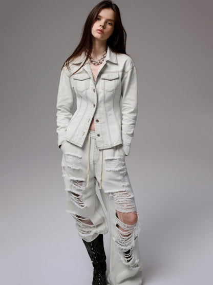 Distressed Design Waist Slimming Heavy Work Wide Shoulder Vintage Denim Jacket 【s0000014243】