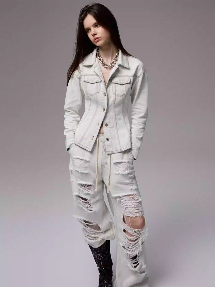 Distressed Design Waist Slimming Heavy Work Wide Shoulder Vintage Denim Jacket 【s0000014243】