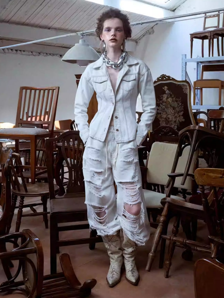 Distressed Design Waist Slimming Heavy Work Wide Shoulder Vintage Denim Jacket 【s0000014243】