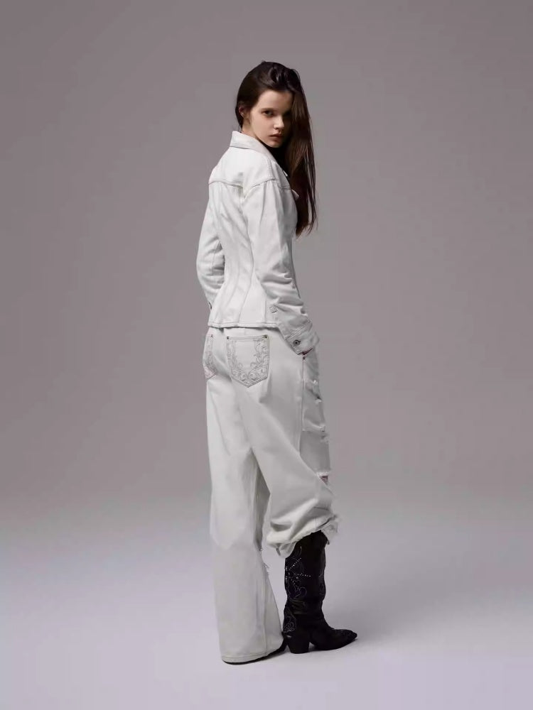 Distressed Water Washed Ripped Elastic Waist Embroidered Low-Rise Wide-Leg Loose Jeans【s0000014244】