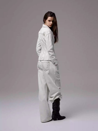 Distressed Water Washed Ripped Elastic Waist Embroidered Low-Rise Wide-Leg Loose Jeans【s0000014244】