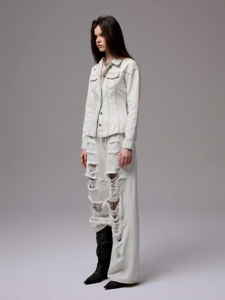 Distressed Water Washed Ripped Elastic Waist Embroidered Low-Rise Wide-Leg Loose Jeans【s0000014244】