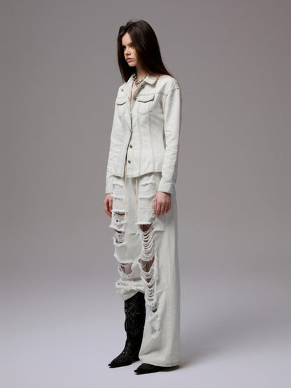 Distressed Water Washed Ripped Elastic Waist Embroidered Low-Rise Wide-Leg Loose Jeans【s0000014244】