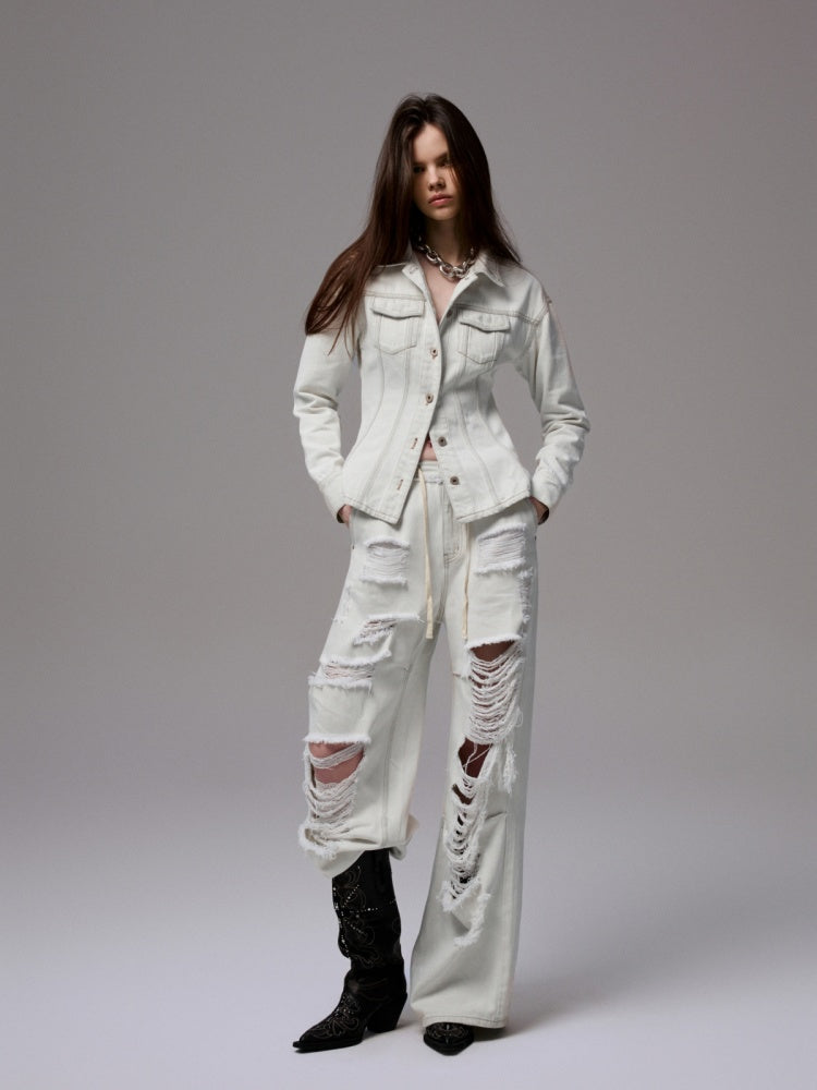 Distressed Water Washed Ripped Elastic Waist Embroidered Low-Rise Wide-Leg Loose Jeans【s0000014244】