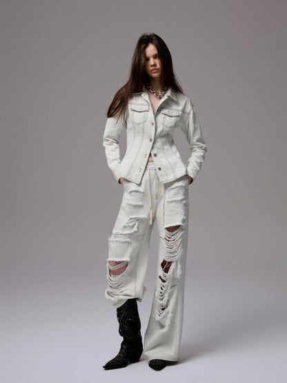 Distressed Water Washed Ripped Elastic Waist Embroidered Low-Rise Wide-Leg Loose Jeans【s0000014244】