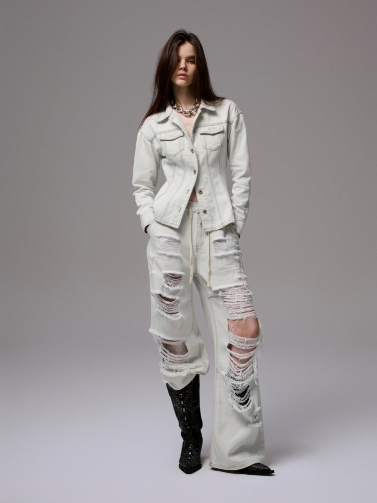 Distressed Water Washed Ripped Elastic Waist Embroidered Low-Rise Wide-Leg Loose Jeans【s0000014244】