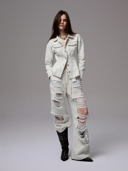 Distressed Water Washed Ripped Elastic Waist Embroidered Low-Rise Wide-Leg Loose Jeans【s0000014244】