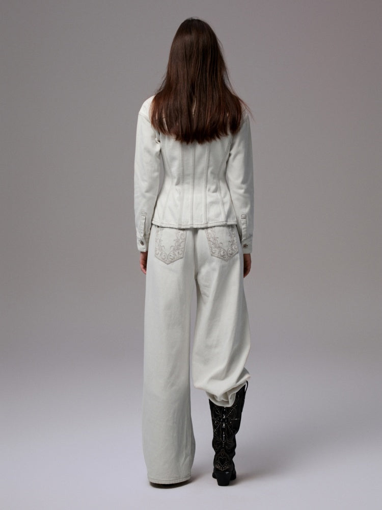 Distressed Water Washed Ripped Elastic Waist Embroidered Low-Rise Wide-Leg Loose Jeans【s0000014244】