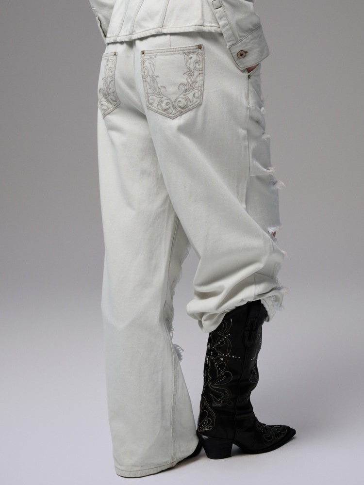Distressed Water Washed Ripped Elastic Waist Embroidered Low-Rise Wide-Leg Loose Jeans【s0000014244】