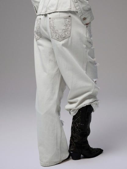 Distressed Water Washed Ripped Elastic Waist Embroidered Low-Rise Wide-Leg Loose Jeans【s0000014244】