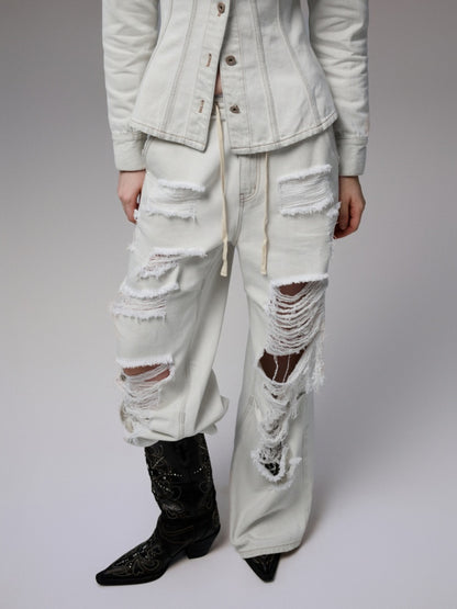 Distressed Water Washed Ripped Elastic Waist Embroidered Low-Rise Wide-Leg Loose Jeans【s0000014244】