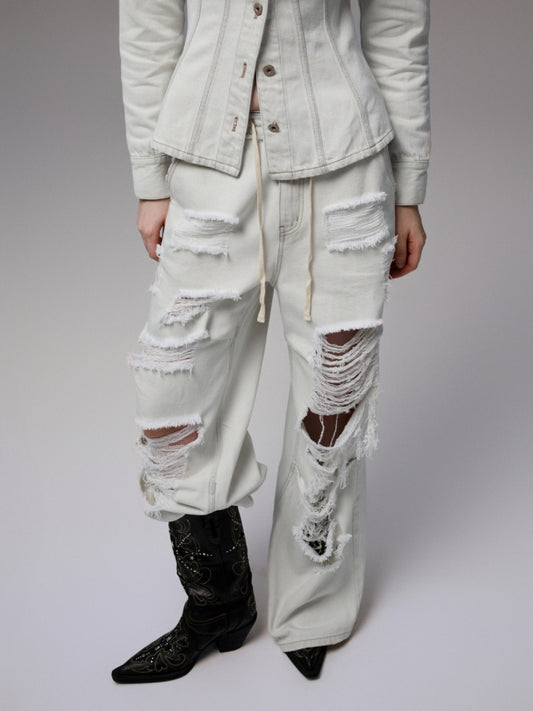 Distressed Water Washed Ripped Elastic Waist Embroidered Low-Rise Wide-Leg Loose Jeans【s0000014244】