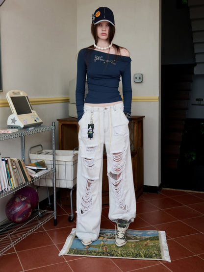 Distressed Water Washed Ripped Elastic Waist Embroidered Low-Rise Wide-Leg Loose Jeans【s0000014244】