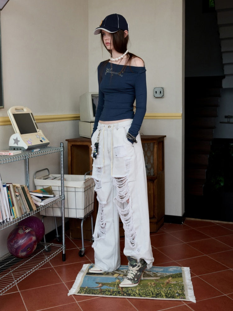 Distressed Water Washed Ripped Elastic Waist Embroidered Low-Rise Wide-Leg Loose Jeans【s0000014244】