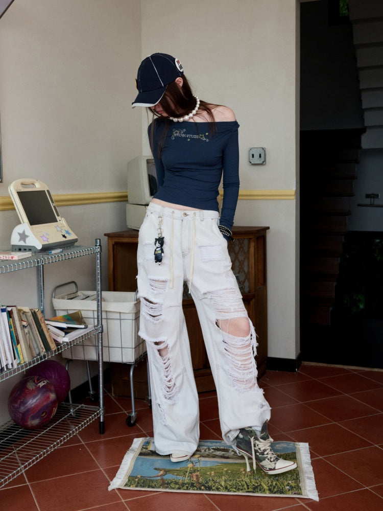 Distressed Water Washed Ripped Elastic Waist Embroidered Low-Rise Wide-Leg Loose Jeans【s0000014244】