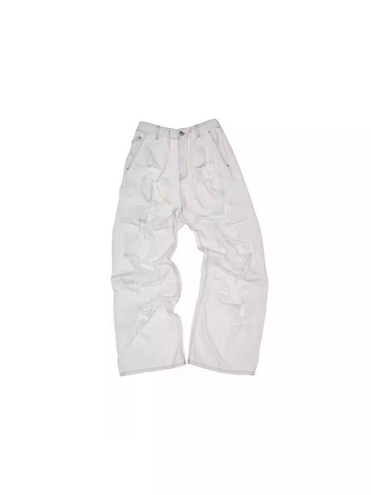 Distressed Water Washed Ripped Elastic Waist Embroidered Low-Rise Wide-Leg Loose Jeans【s0000014244】