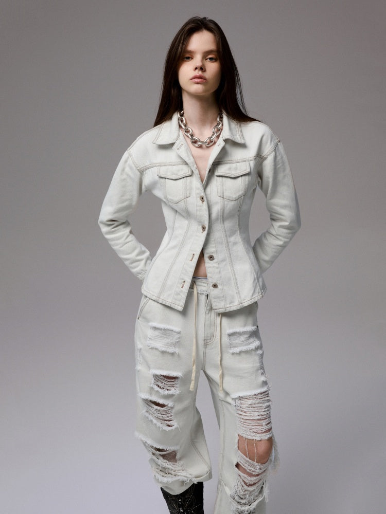 Distressed Water Washed Ripped Elastic Waist Embroidered Low-Rise Wide-Leg Loose Jeans【s0000014244】