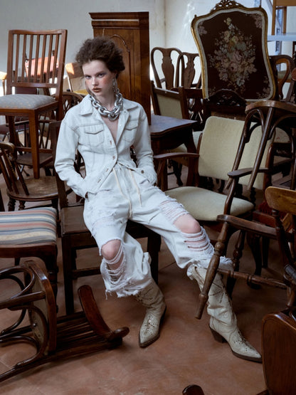 Distressed Water Washed Ripped Elastic Waist Embroidered Low-Rise Wide-Leg Loose Jeans【s0000014244】